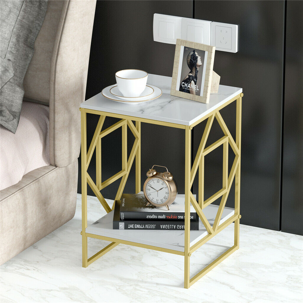 White Marble Gold Side Table Living Room End Accent Table Nightstand with Shelf