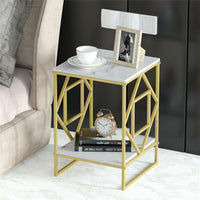 White Marble Gold Side Table Living Room End Accent Table Nightstand with Shelf