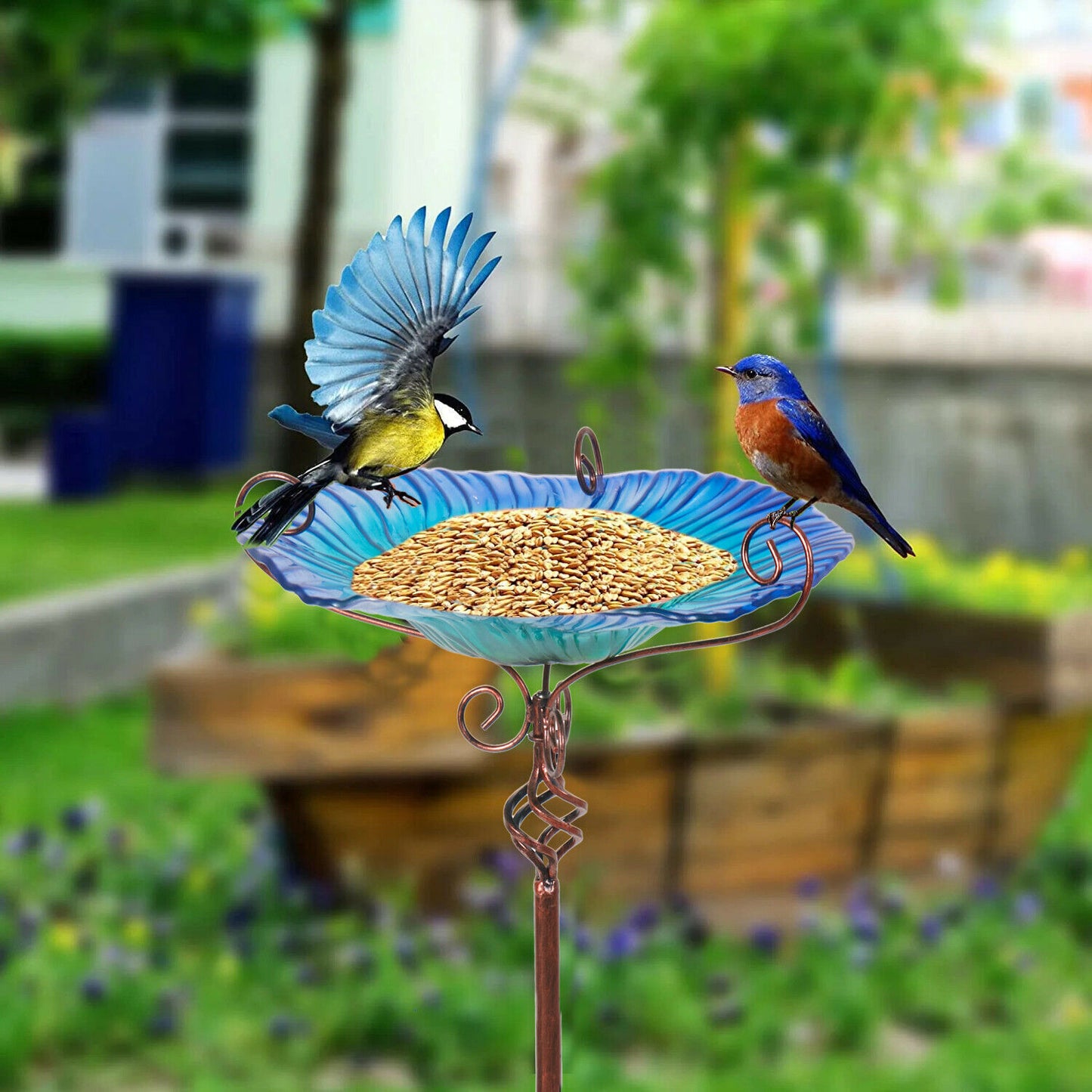 Outdoor Glass Bird Bath on Stake Garden Ornament Metal Wild Birds Feeder Bowl