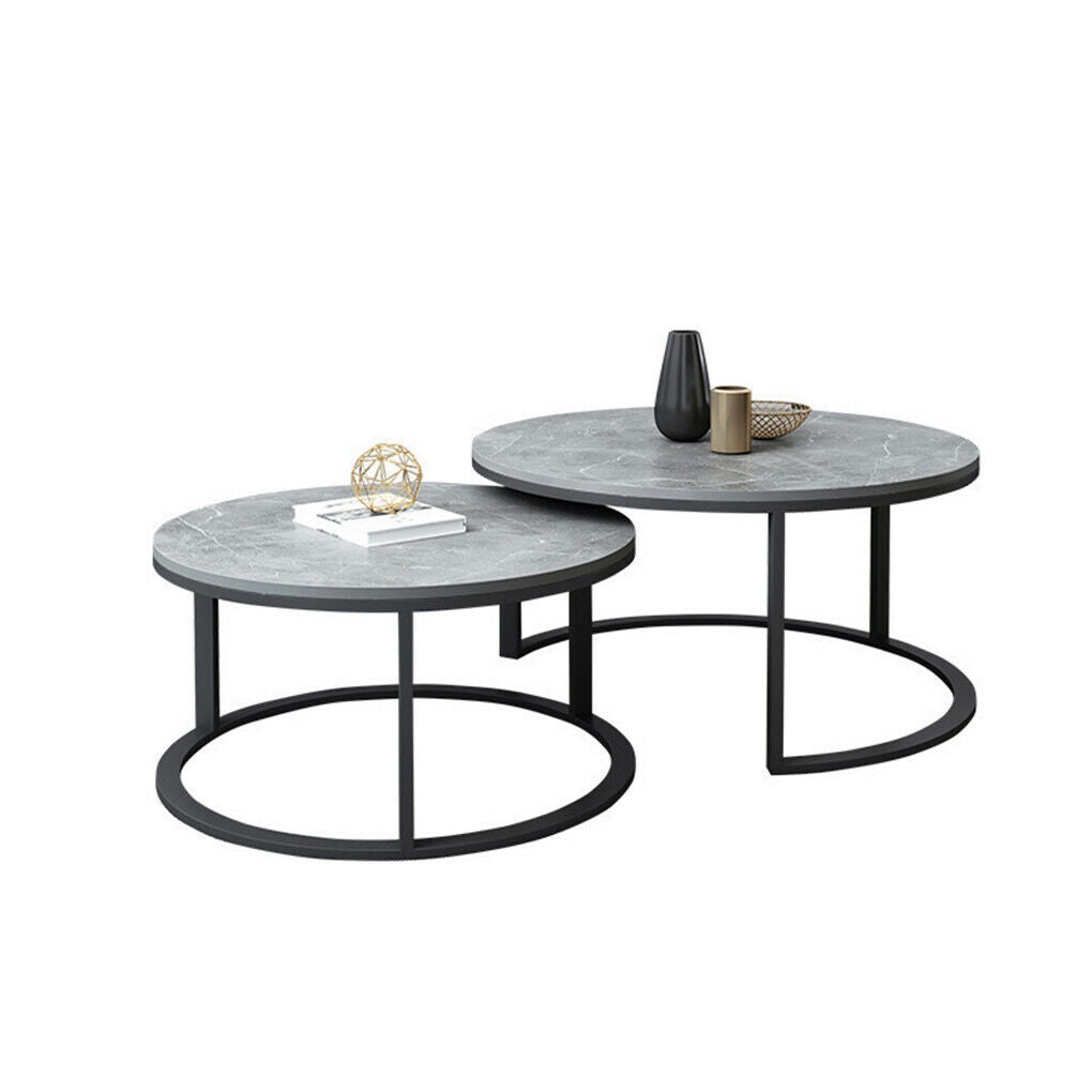 Set of 2 Real Marble Round Nesting Coffee Table Grey Side End Table Accent Table