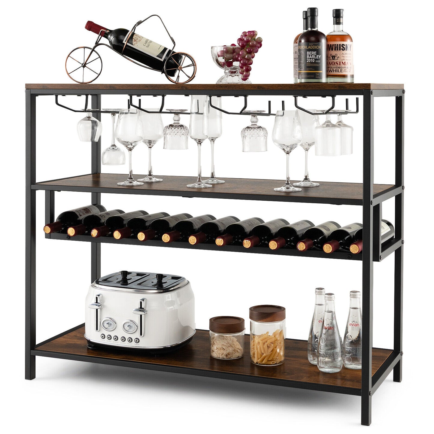 Industrial Wine Rack Table Bar Cabinet w/ 4 Rows of Glass Holder Kitchen