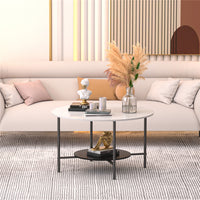 White Real Marble Round Coffee Table w/ Open Storage Modern Living Accent Table