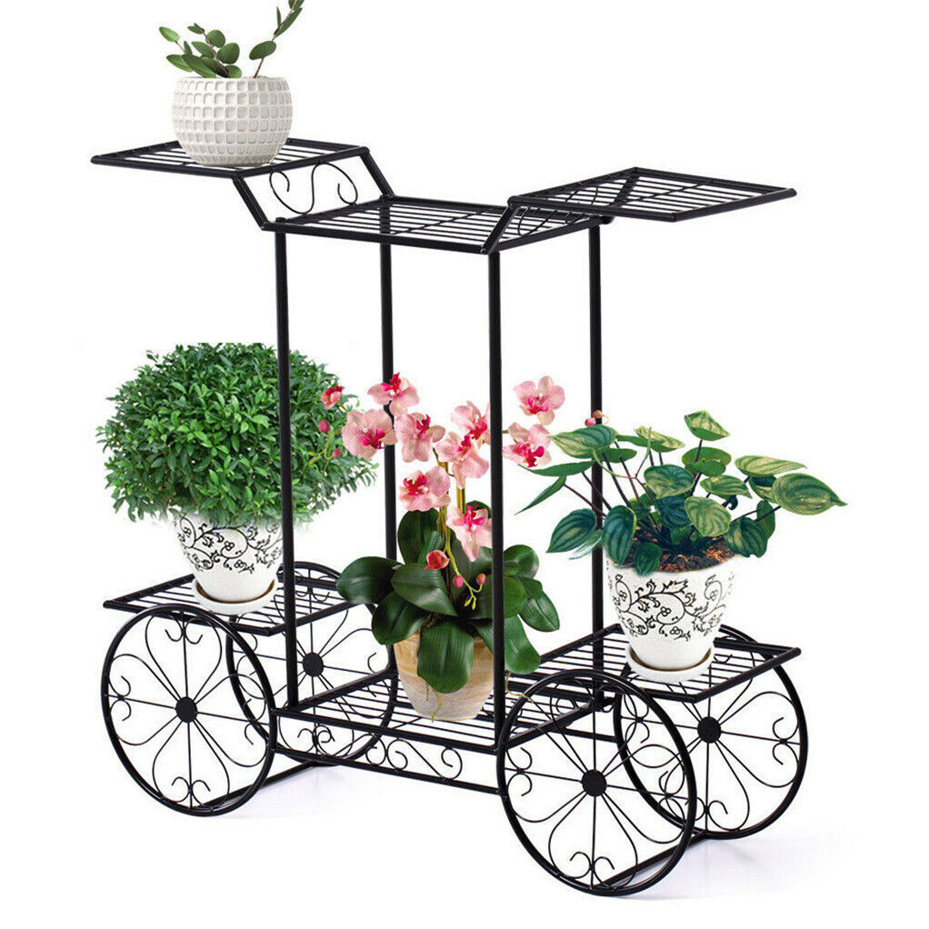 Outdoor Indoor Pot Plant Stand Garden Decor Flower Rack Wrought Iron 4 Wheeler