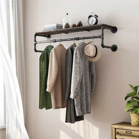 Industrial Pipe Wall Mounted Garment Rack with Top Shelf Hanging Clothes Rack