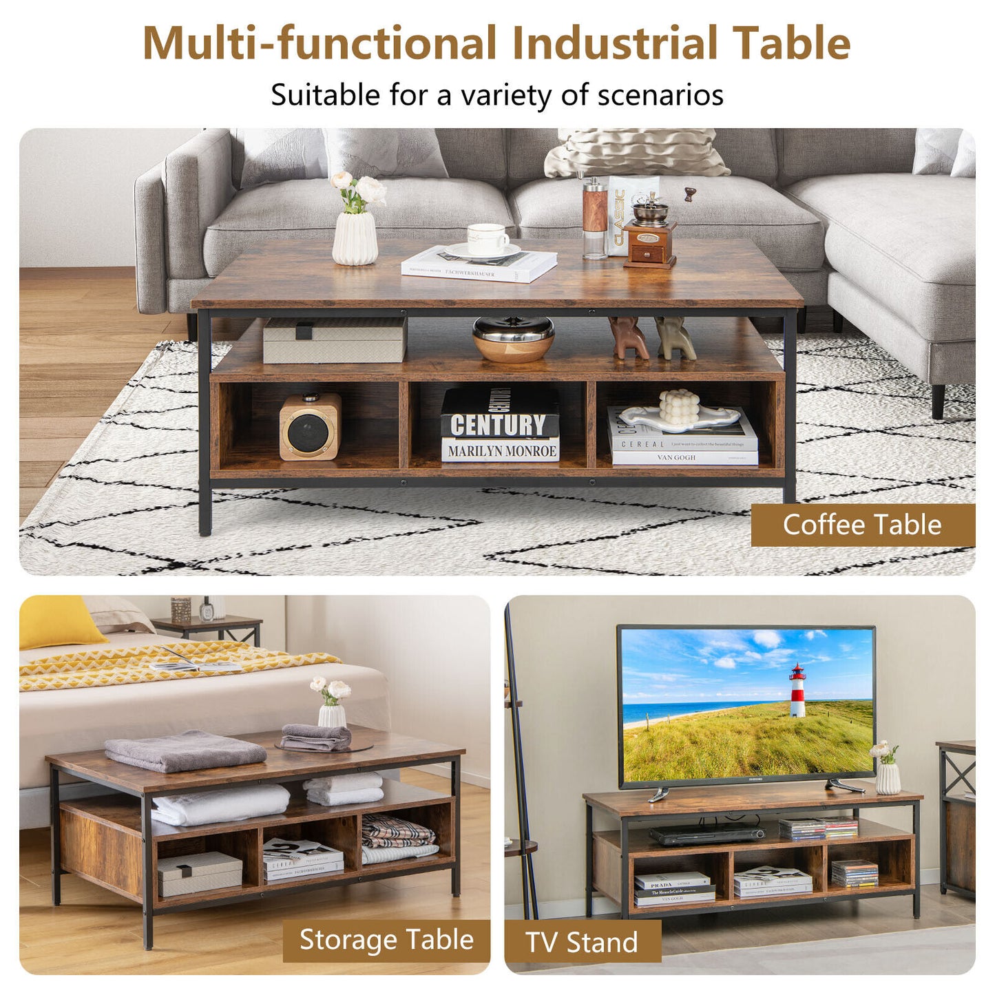 Industrial Coffee Table W/Open Storage Metal Frame Center Table for Living Room