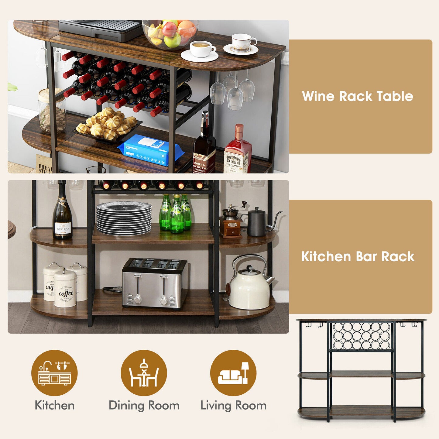 Wine Rack Table Coffee Bar Cabinet Freestanding Liquor Stand Glass Holder Rustic