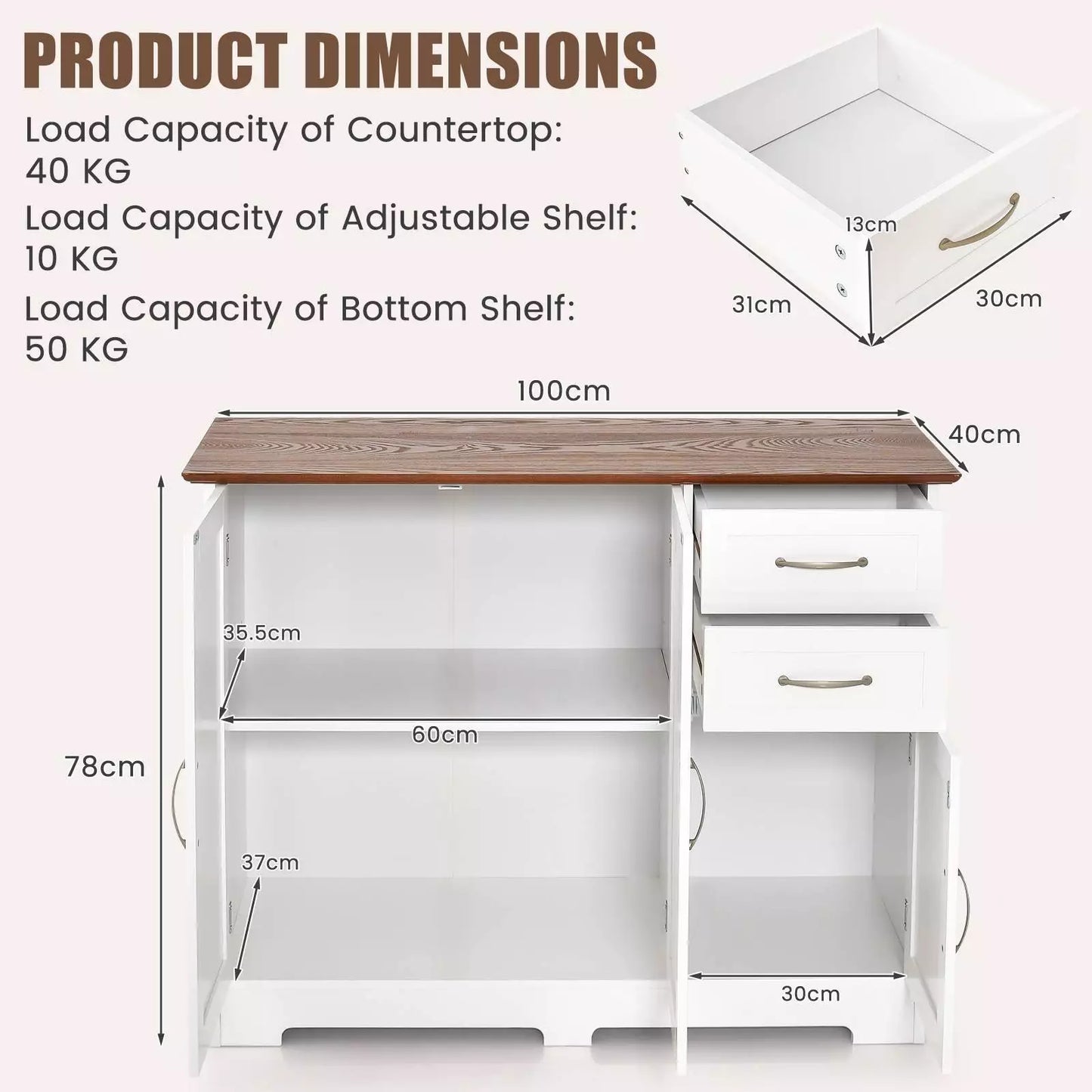 2-Door Sideboard Buffet Cabinet – Kitchen Storage Credenza with 2 Drawers