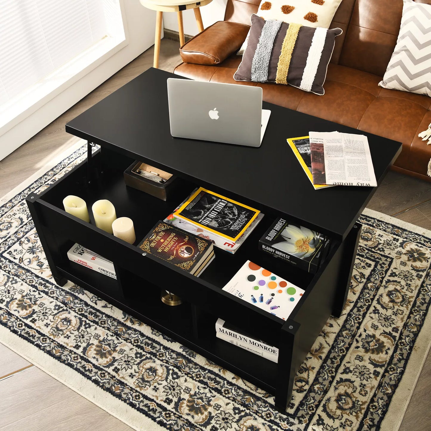 Modern Lift-Top Coffee Table with Hidden Storage & Open Shelves – Stylish & Functional Centerpiece