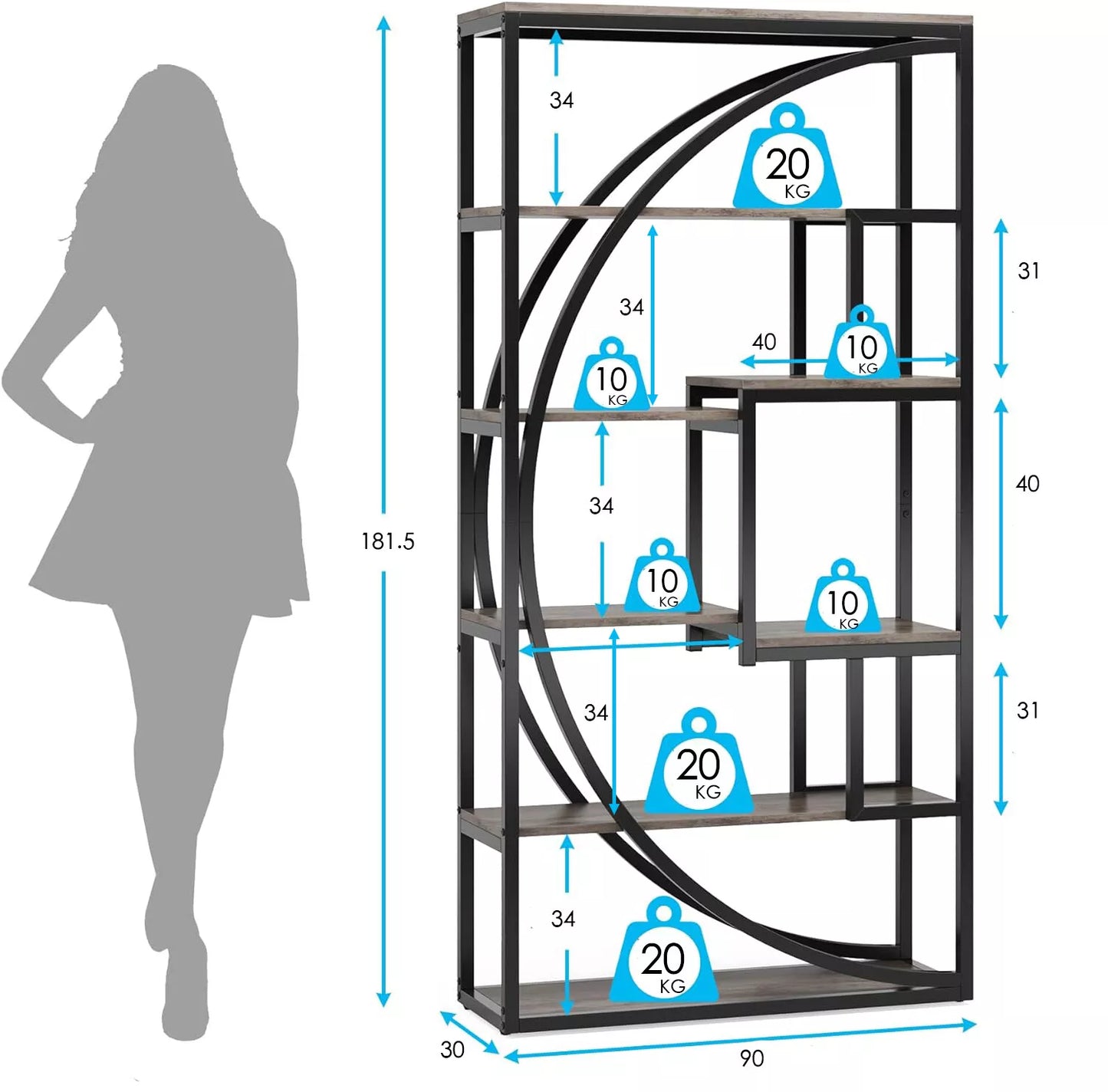 8-Tier Industrial Geometric Bookcase – Display Shelf & Storage Organizer