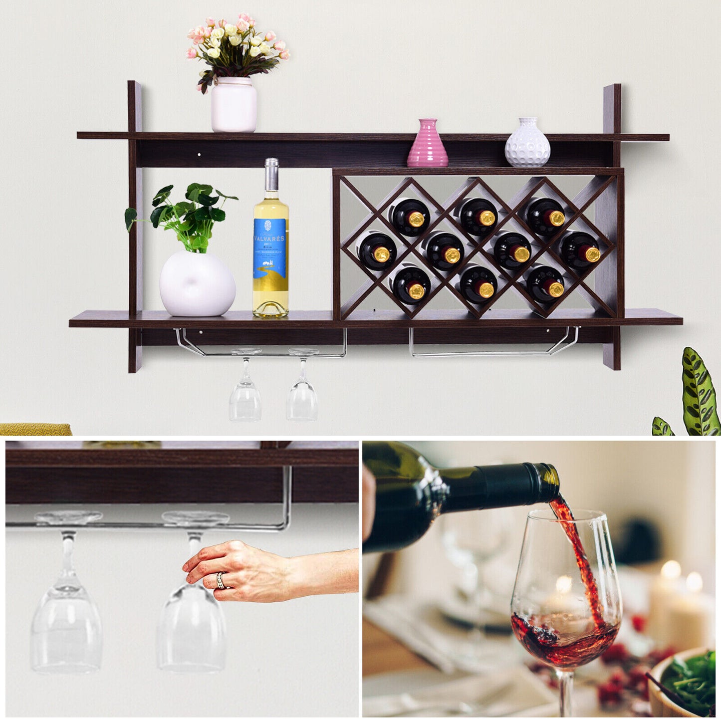 Wall-mounted Wine Rack Bottle Glass Holder Wine Storage Shelf