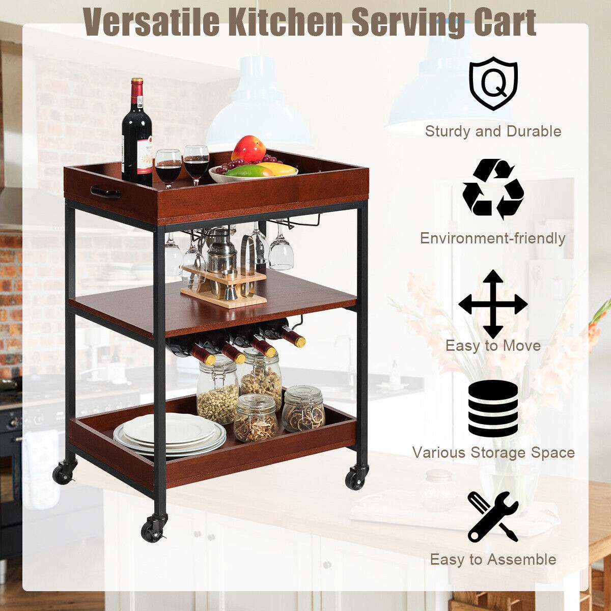 Kitchen Serving Cart Utility Trolley Cart 3-Tier Shelf w/ Glass Holder