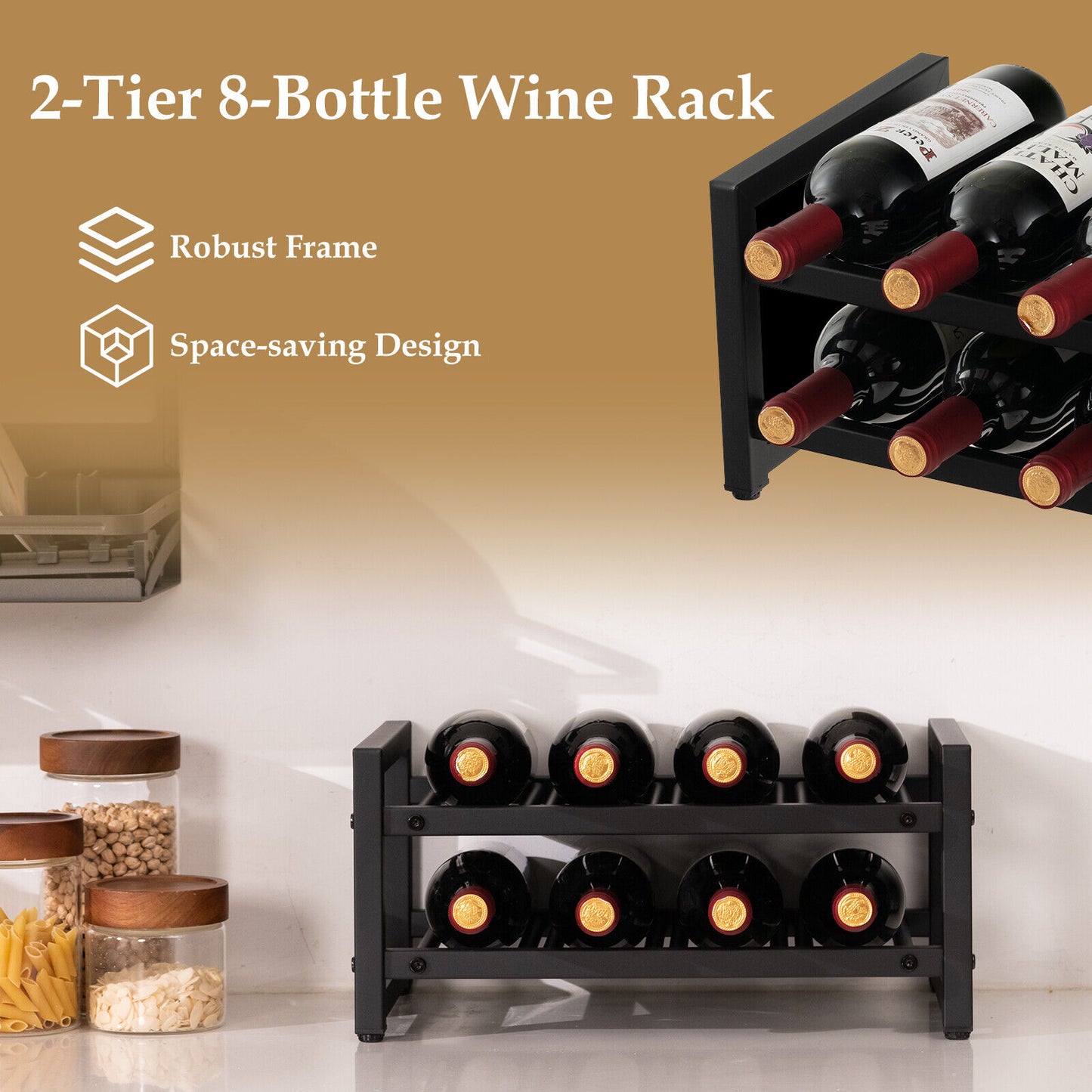 2-Tier 8-Bottle Wine Rack w/ Adjustable Foot Pads for Home Kitchen Black