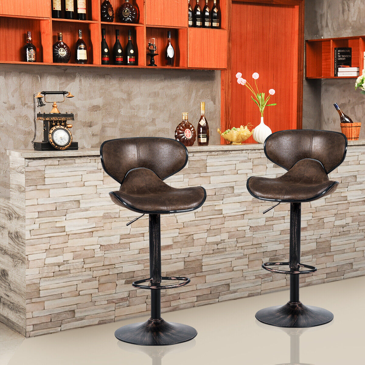 Set of 2 Bar Stools Swivel Adjustable Bar Chairs w/Backrest Retro Brown