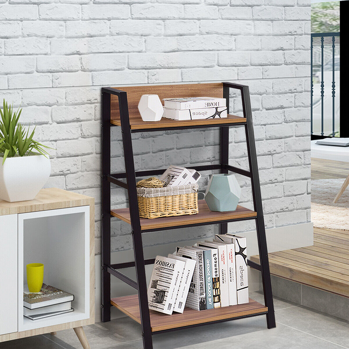 3 Tier Ladder Storage Book Shelf Wall Bookcase Bundle Modern Floor Decor