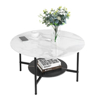 White Real Marble Round Coffee Table w/ Open Storage Modern Living Accent Table