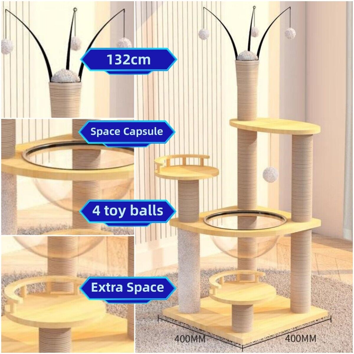 132cm Wooden Cat Tree Tower Scratching Post Scratcher Cats Condo House Bed