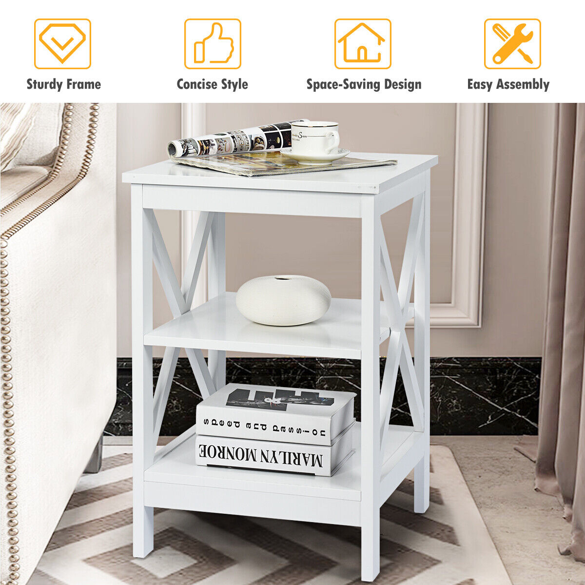 3-Tier Nightstand Side Table X-Design End Table Storage Stand Bedroom