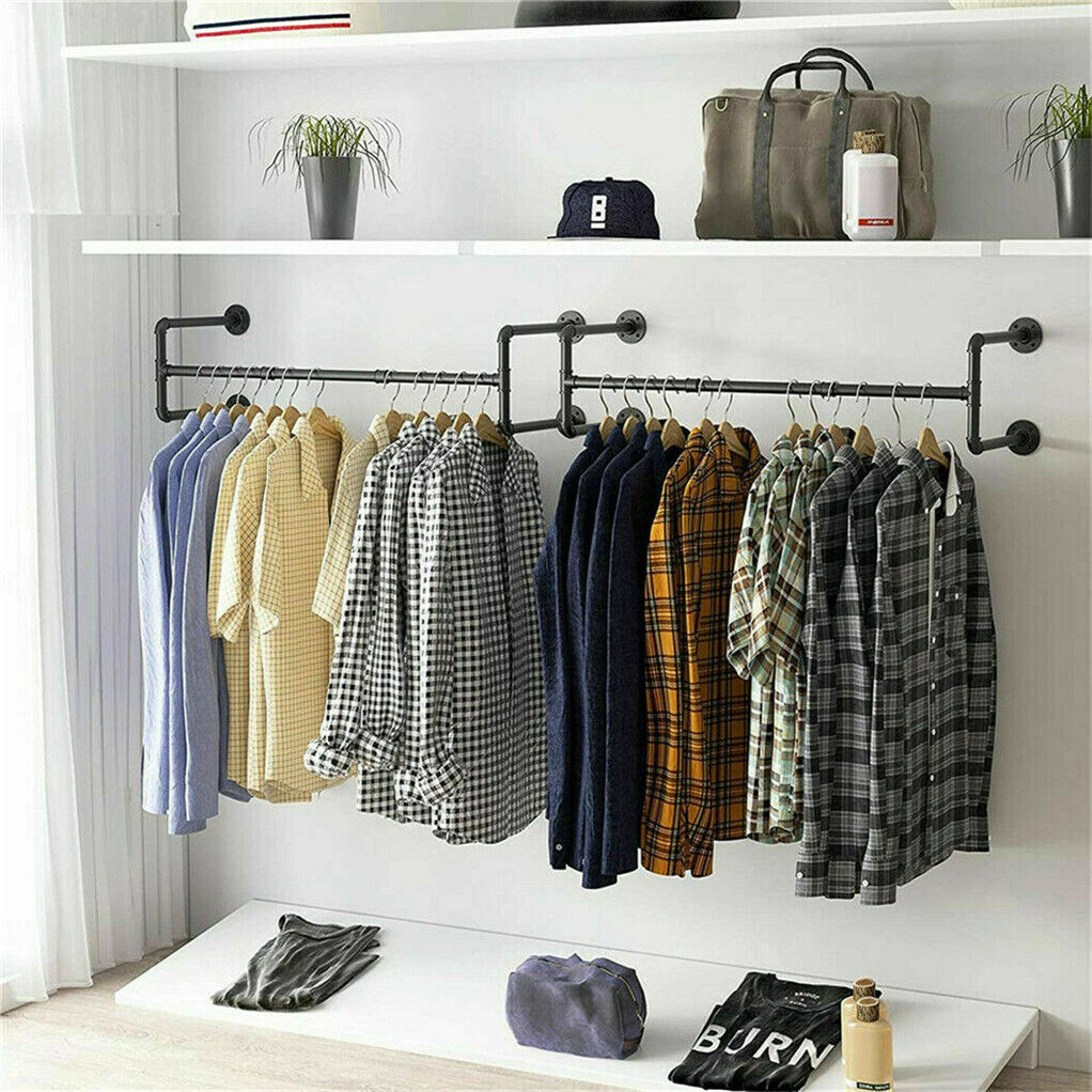 Heavy Duty Wall Mounted Clothes Rail Shelf Garment Hanging Wardrobe Display Rack