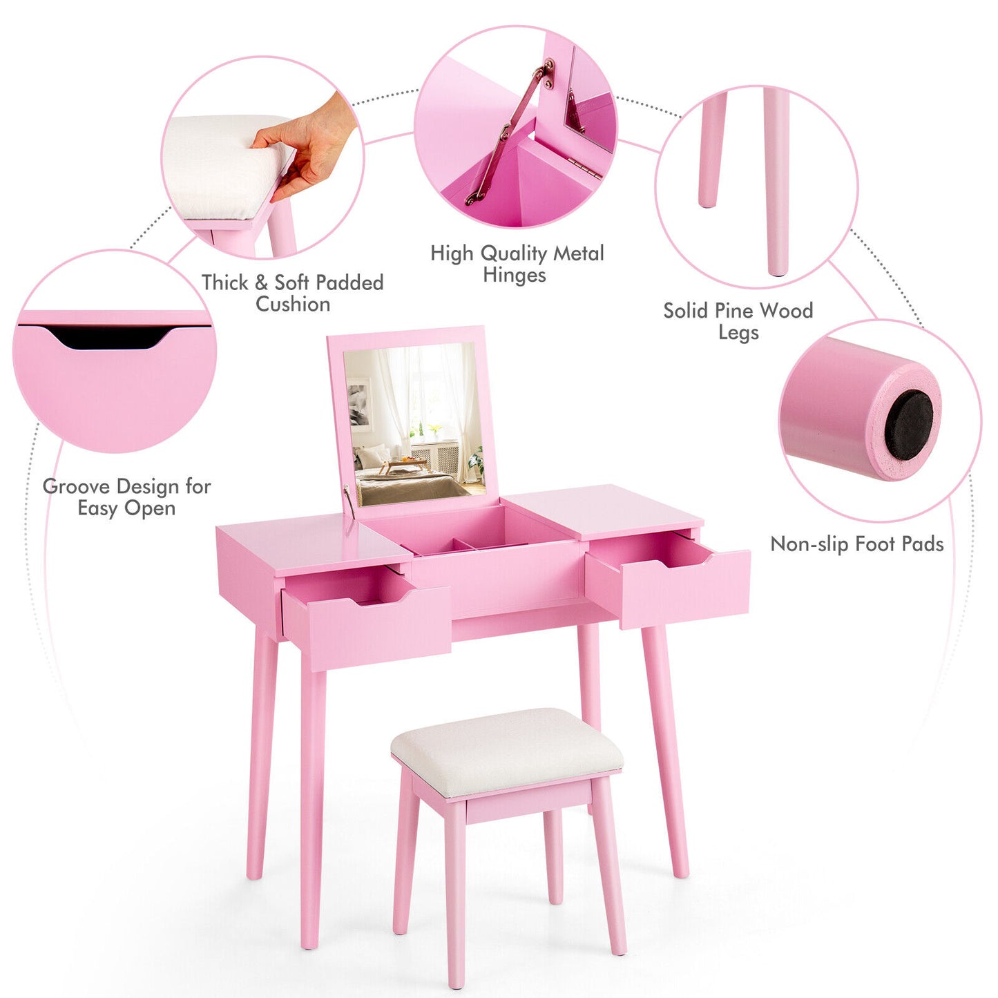Vanity Set w/ Flip Top Mirror, Dressing Table Writing Desk w/ Cushioned Stool