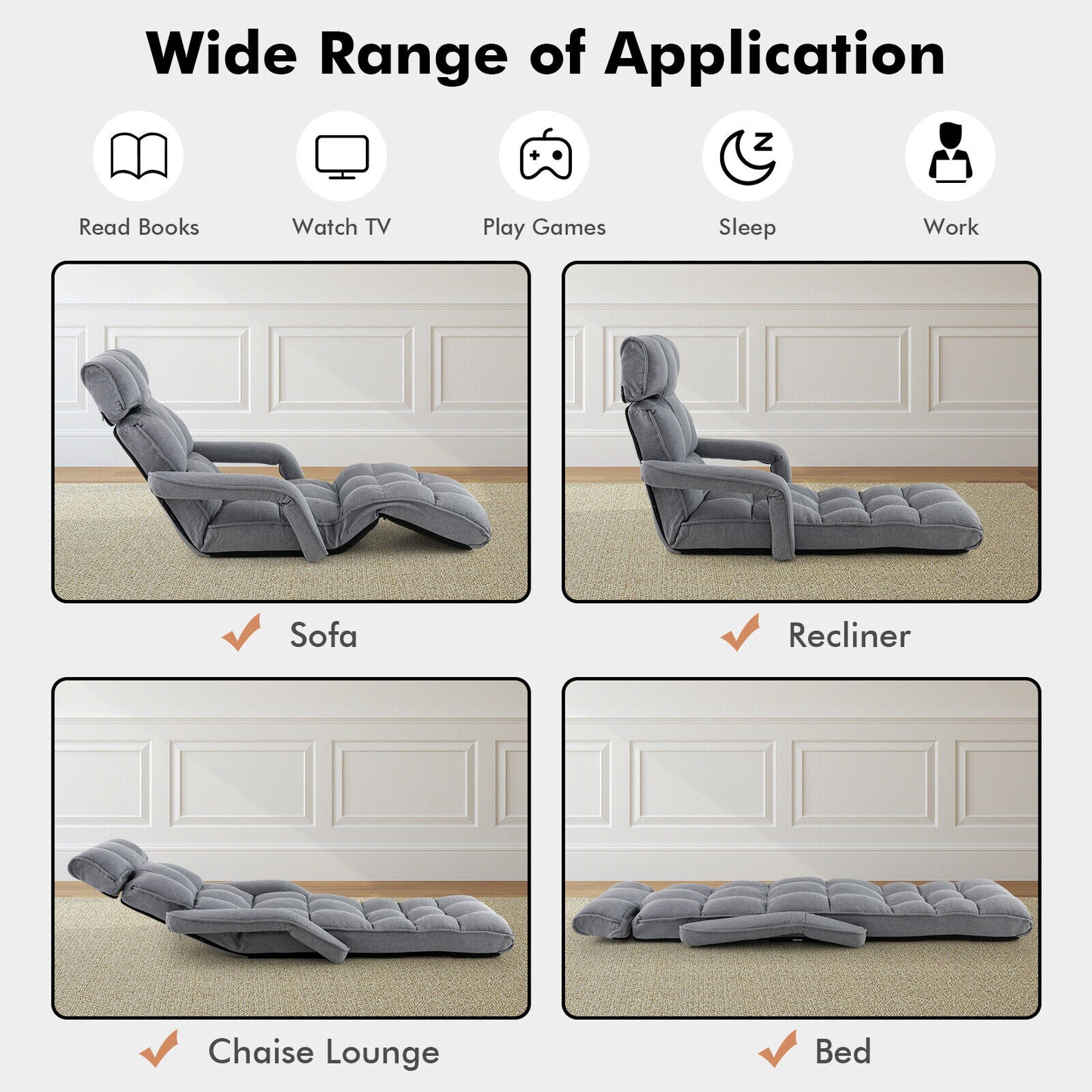 Foldable Lazy Sofa Indoor Chaise Lounger w/ 6 Adjustable Positions Gray