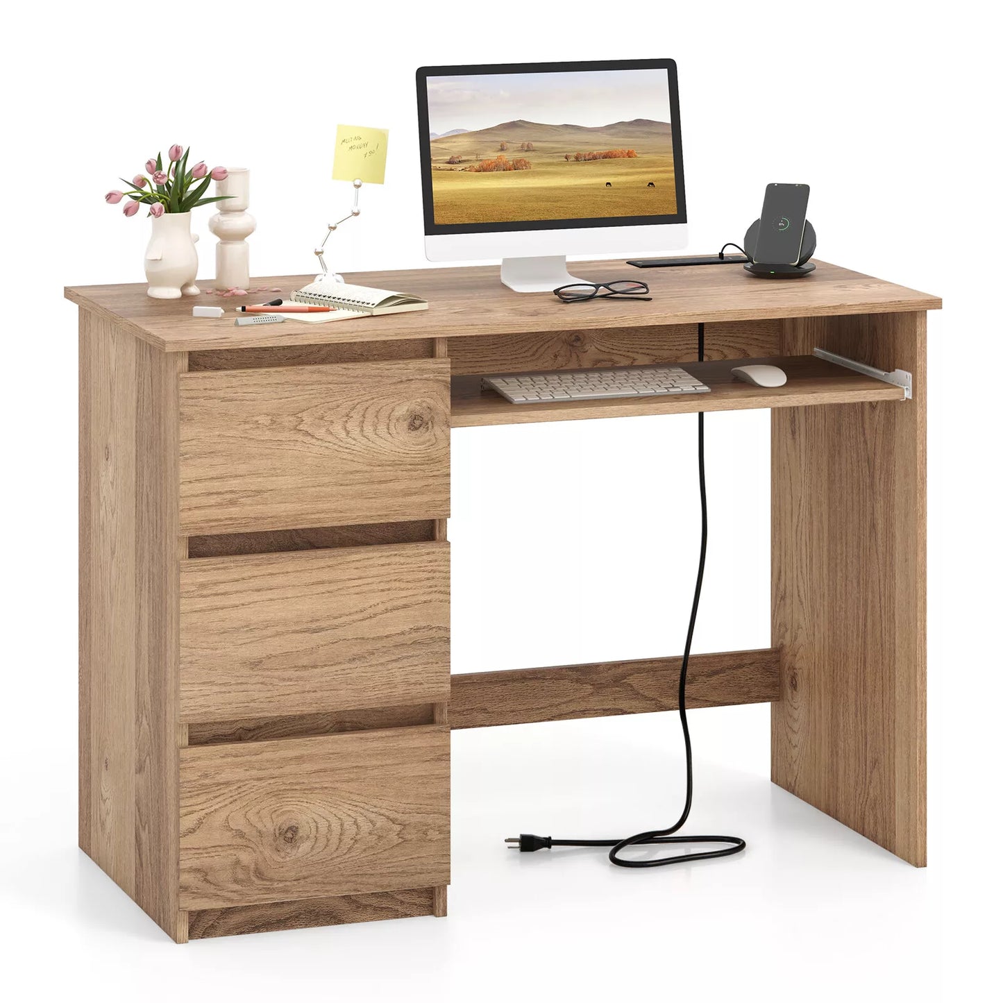 Computer Desk with Power Outlet, Keyboard Tray & Drawers – Versatile Home Office Workstation