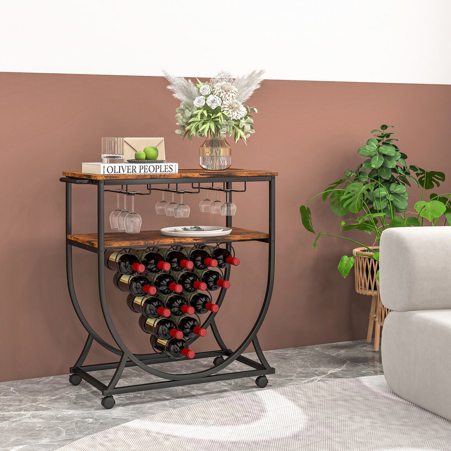 Industrial Rolling Drink Serving Bar Cart for Dining Room Rustic Brown and Black