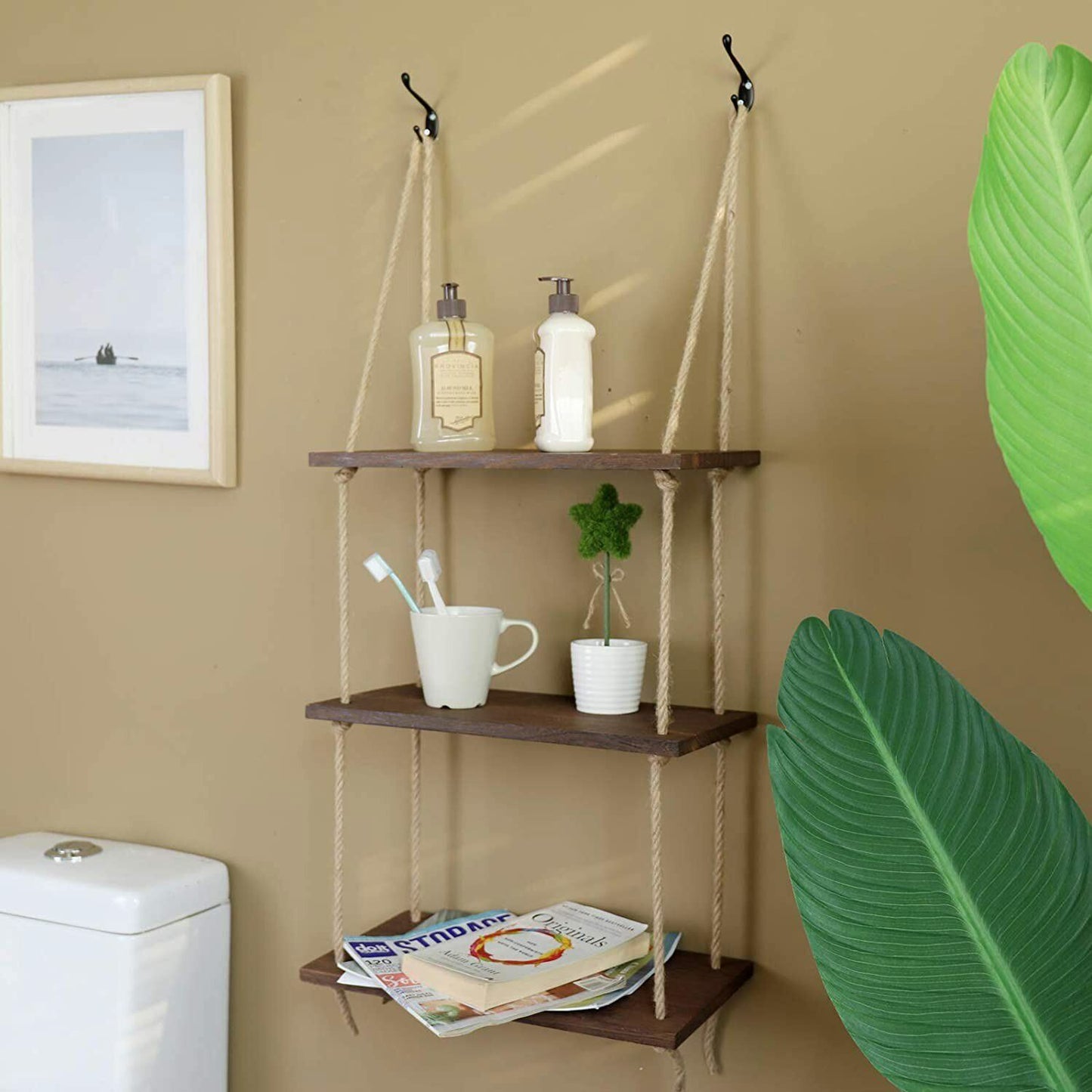 3Tier Distressed Wood Swing Storage Shelve Jute Rope Wall Hanging Organizer Rack