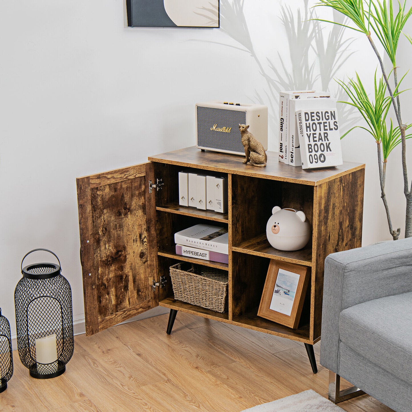 Floor Cabinet Mid-century Storage Cupboard Wooden Side Table w/ Shelves