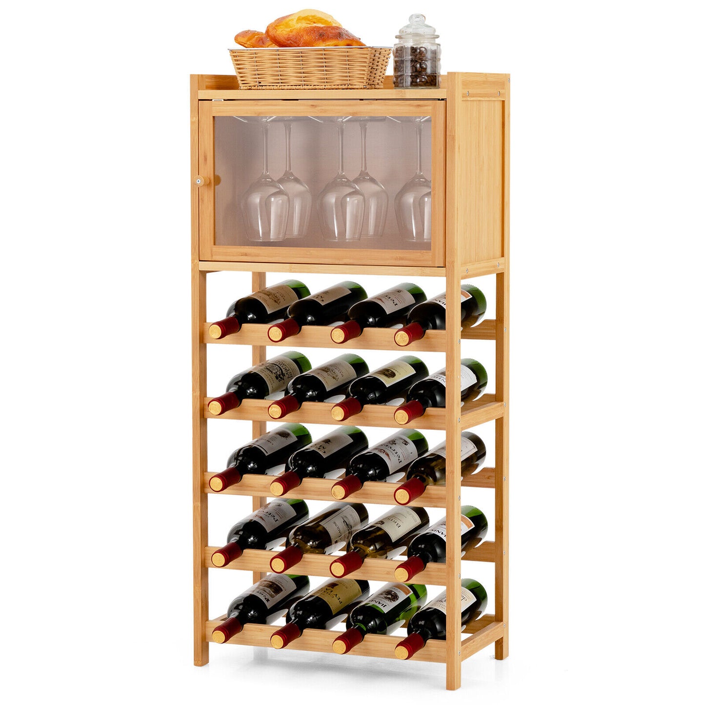 20-Bottle Wine Rack Cabinet Bamboo Display Shelf w/ Glass Holder Kitchen