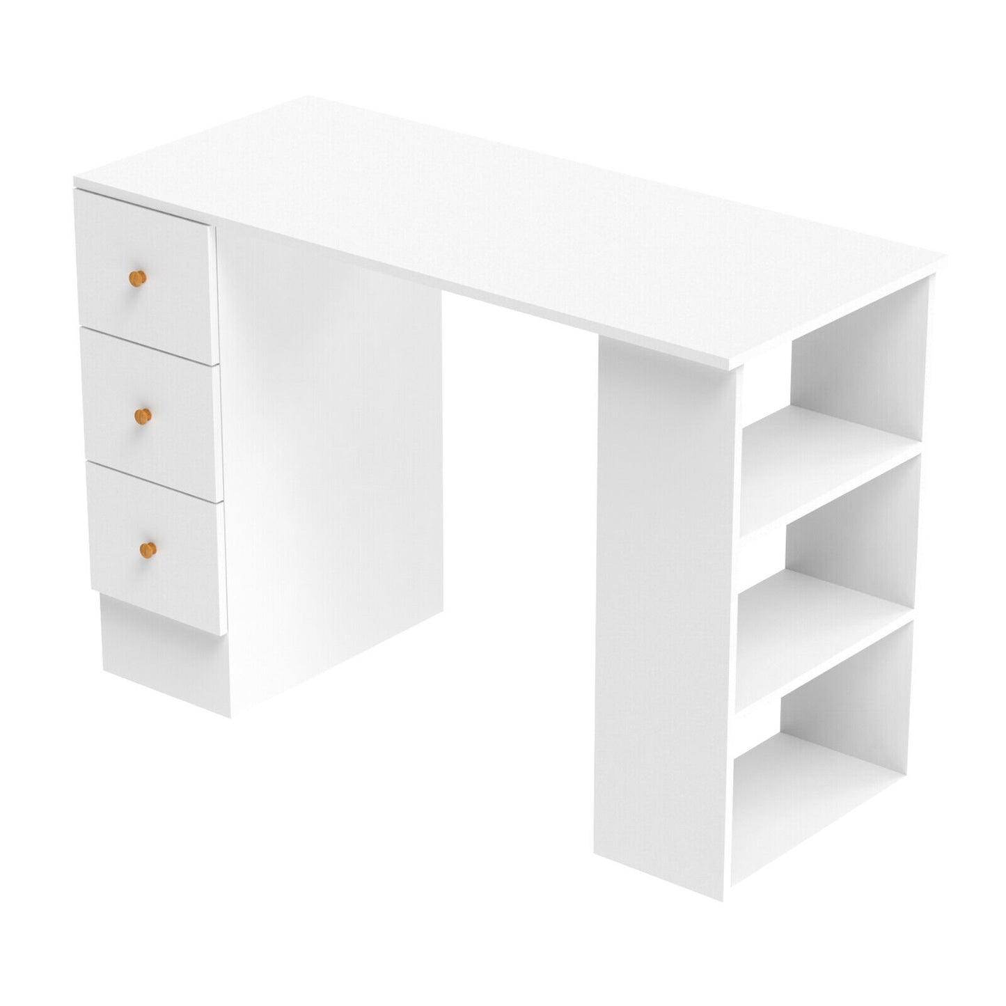 White computer desk with 3 drawers and shelves