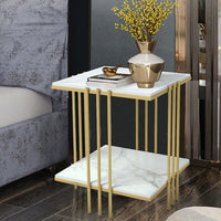 Decorative Art Coffee Table Large Double Layer Marble Top Storage Gold Pole Legs