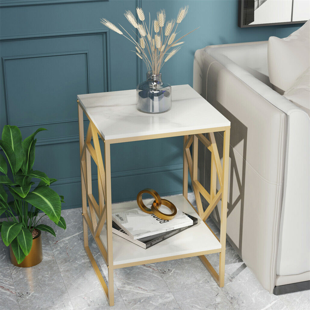 White Marble Gold Side Table Living Room End Accent Table Nightstand with Shelf