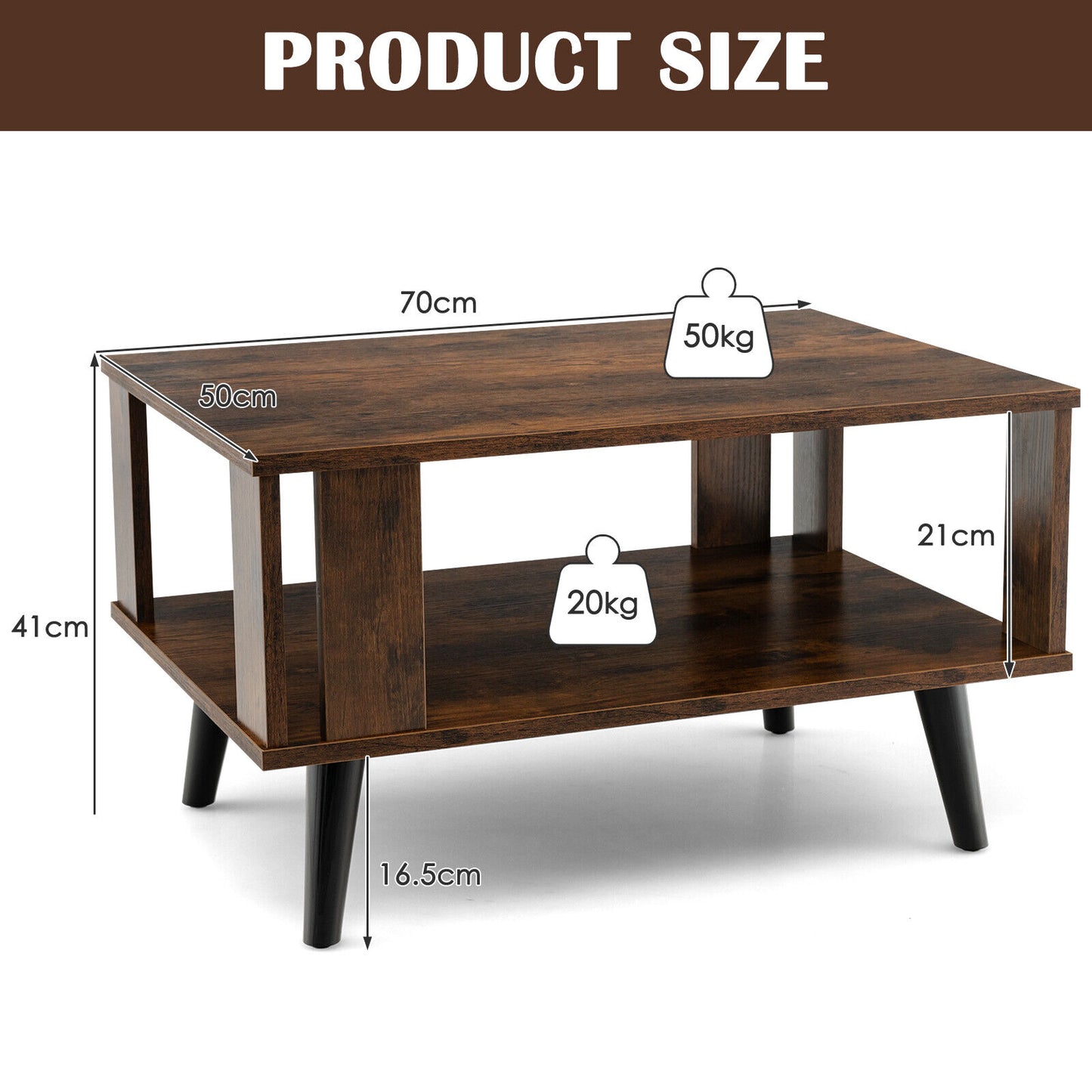 Coffee Table w/ Wooden Storage Open Shelf Retro Mid-Century Rustic Brown