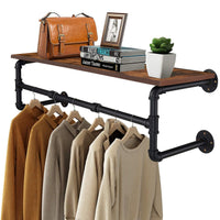 Industrial Pipe Wall Mounted Garment Rack with Top Shelf Hanging Clothes Rack