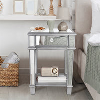 2 Tier Luxury Silver Mirrored Side Table Nightstand w/ Drawer Sofa Side Bedside