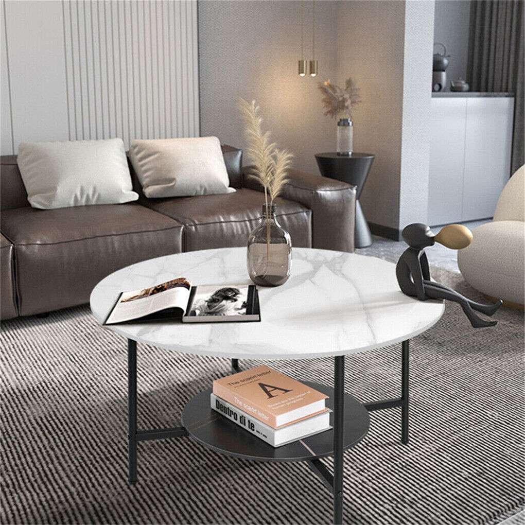 2 Tier Glossy Marble Coffee Table Elegant Accent Side Table LivingRoom Furniture