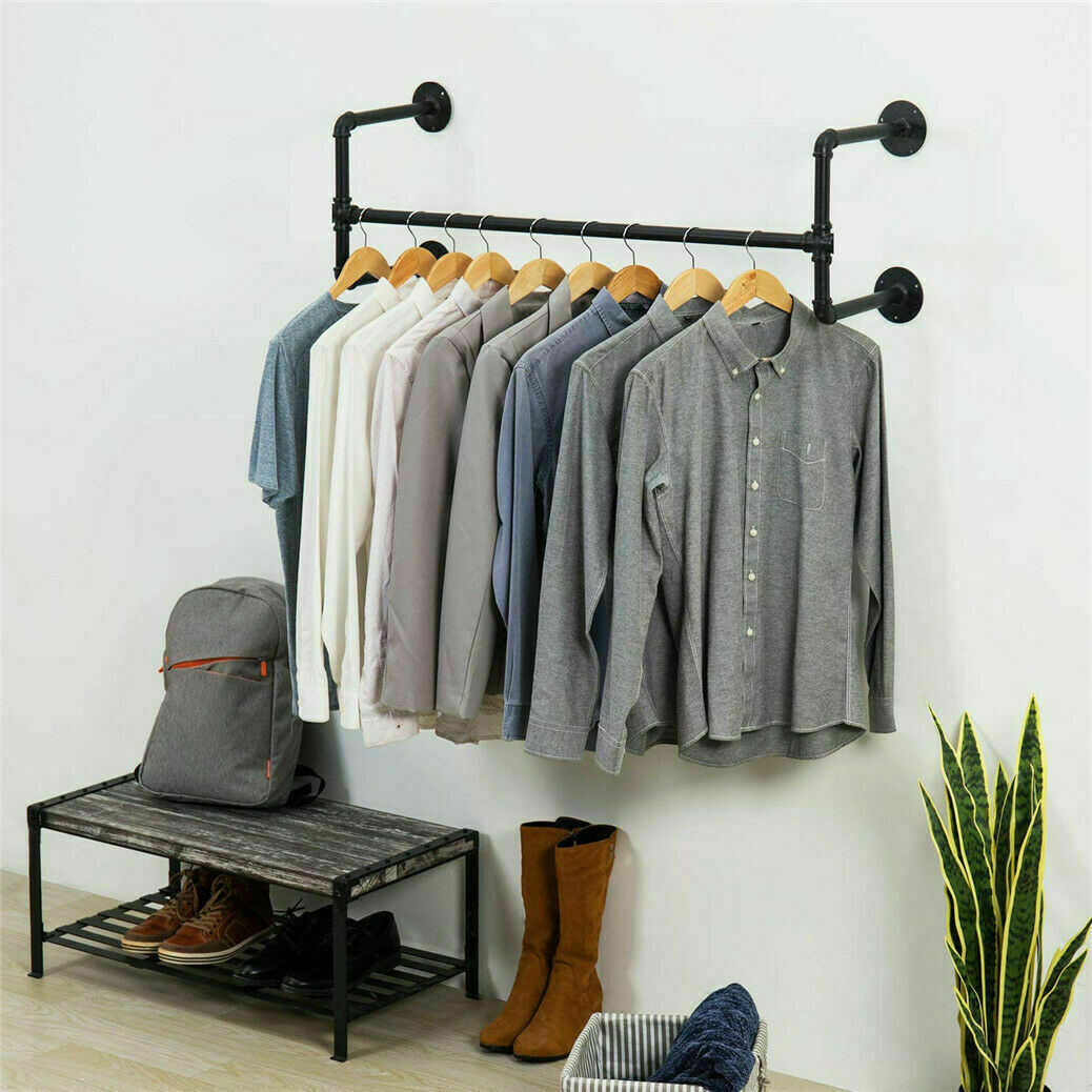 Detachable Wall Mount Clothes Rack Industrial Pipe Garment Bar Hanging Rod 2Base