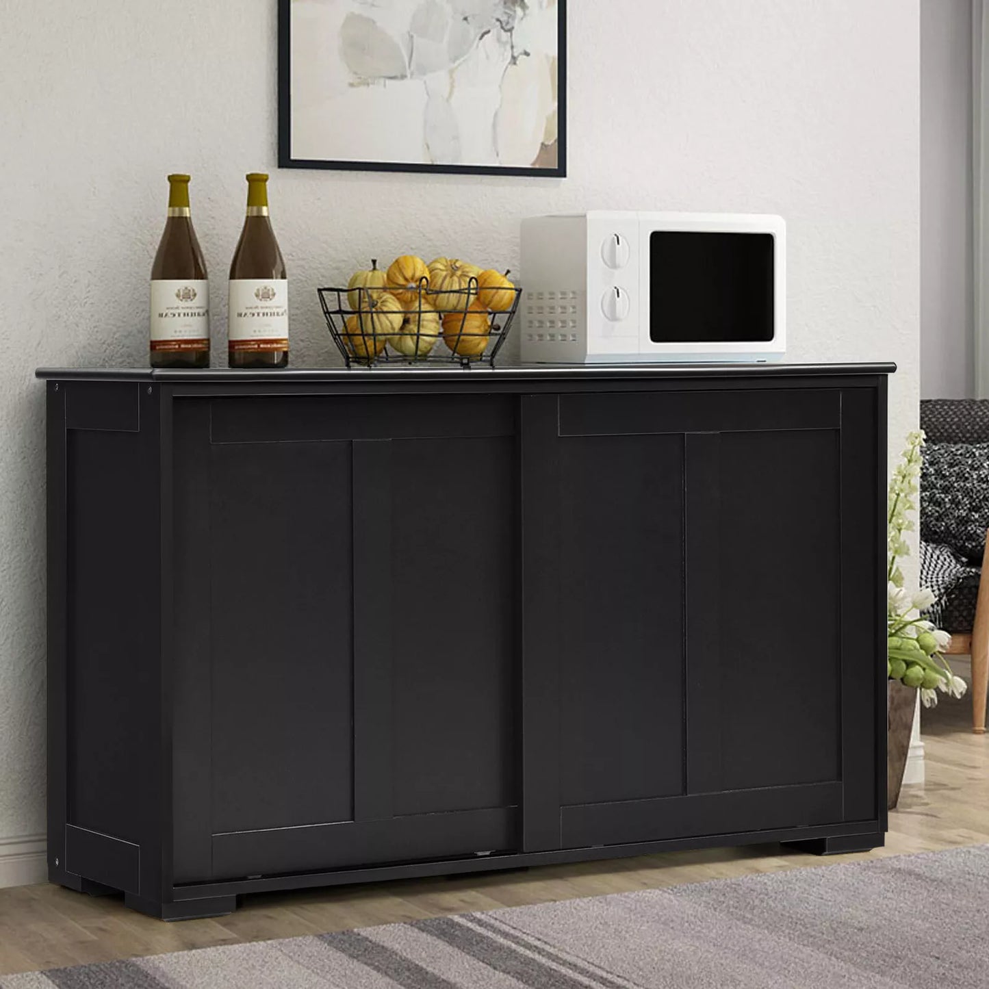 Modern Black Buffet Sideboard – Kitchen Storage Cabinet with Sliding Doors