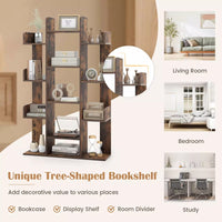 Tall Tree-Shaped Bookshelf with Open Shelves and Corner Storage Organizer