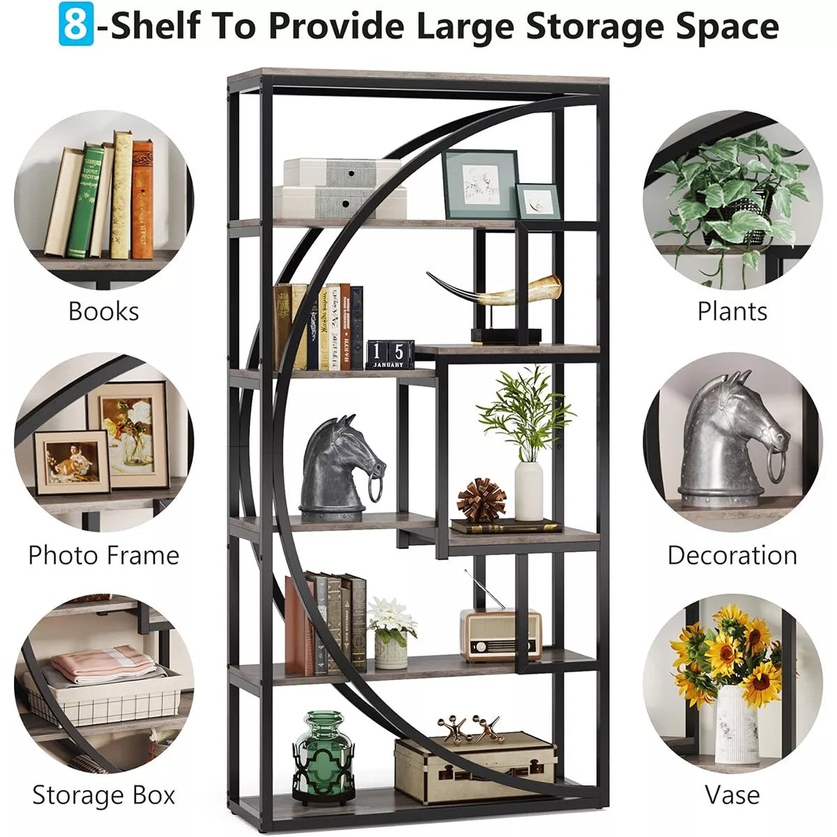 8-Tier Industrial Geometric Bookcase – Display Shelf & Storage Organizer