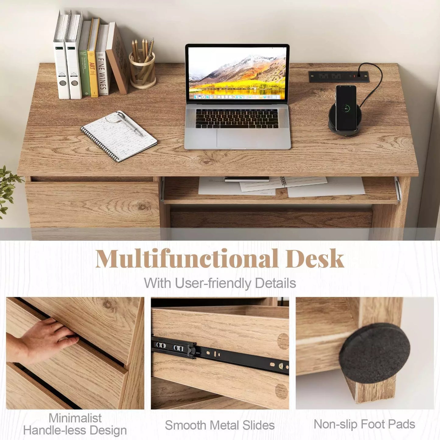 Computer Desk with Power Outlet, Keyboard Tray & Drawers – Versatile Home Office Workstation