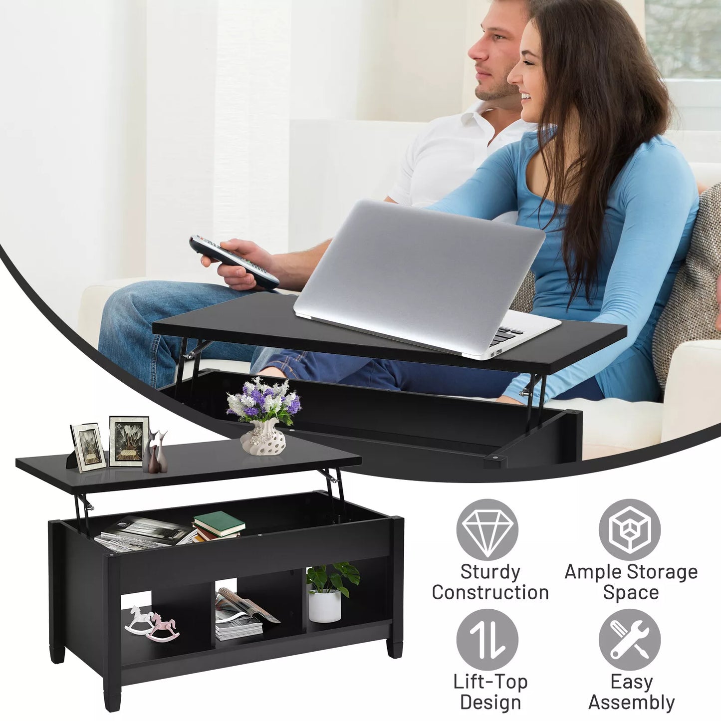 Modern Lift-Top Coffee Table with Hidden Storage & Open Shelves – Stylish & Functional Centerpiece