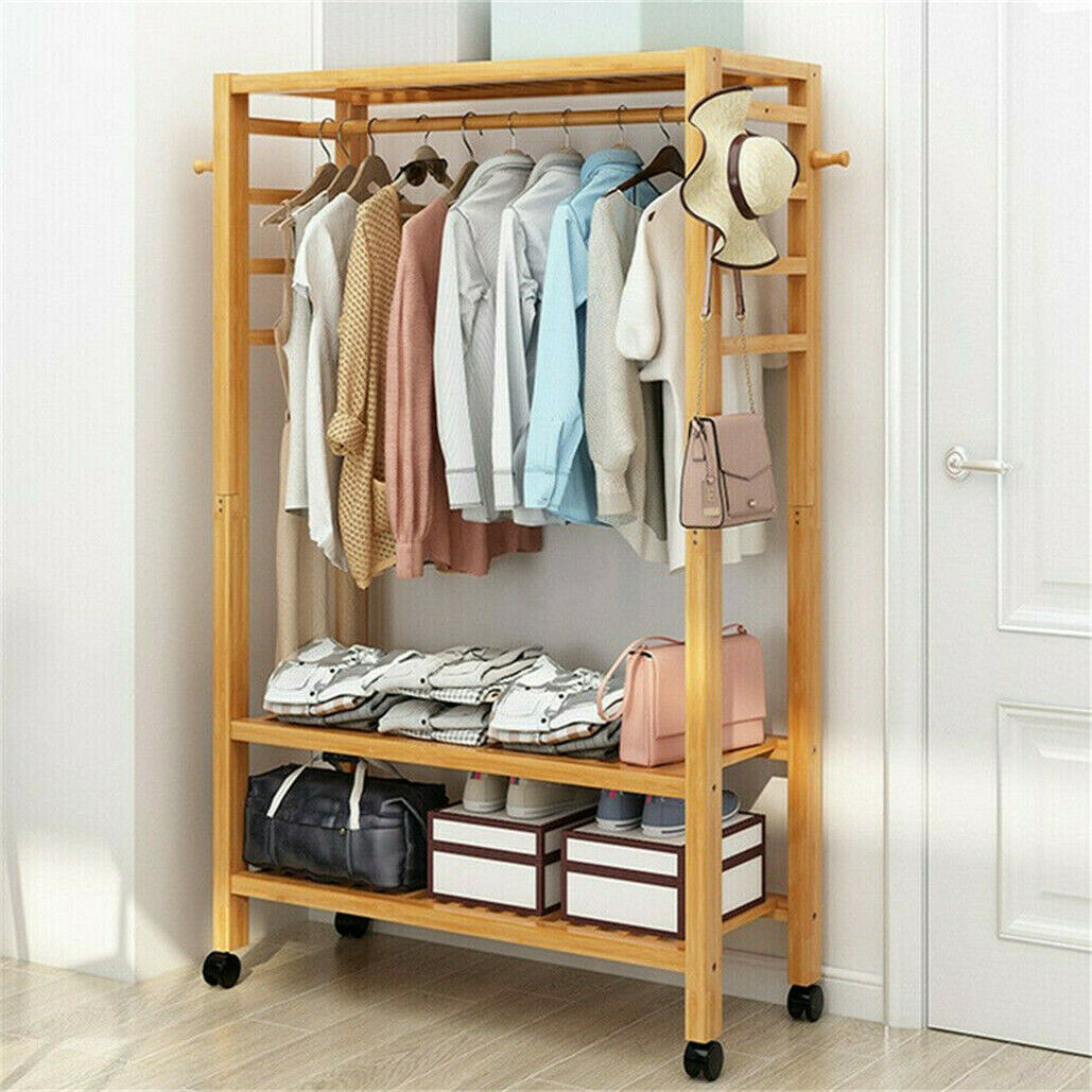 165cm Mildrew-proof Bamboo Clothes Shelves Stand On Wheels Coat Shoes Bags Rack