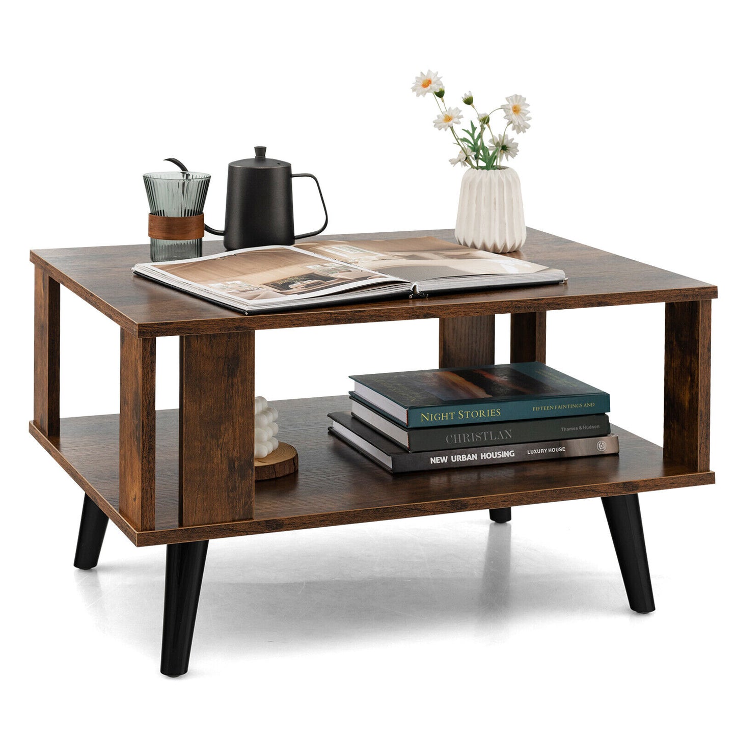 Coffee Table w/ Wooden Storage Open Shelf Retro Mid-Century Rustic Brown