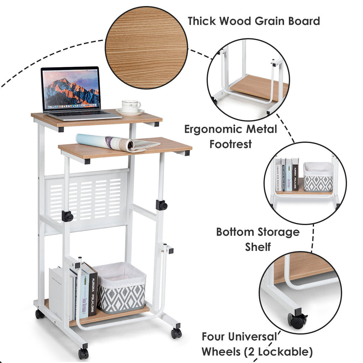 Mobile Desk Height Adjustable Computer Standing w/wheels &Footrest