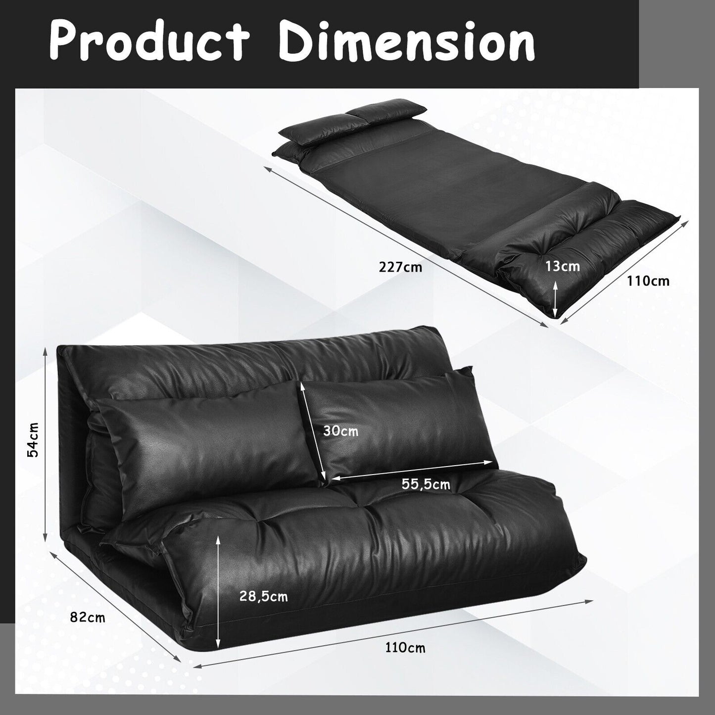 Floor Sofa Bed Lounge Couch Folding 2 Seat Chaise PU Leather 227x110 cm