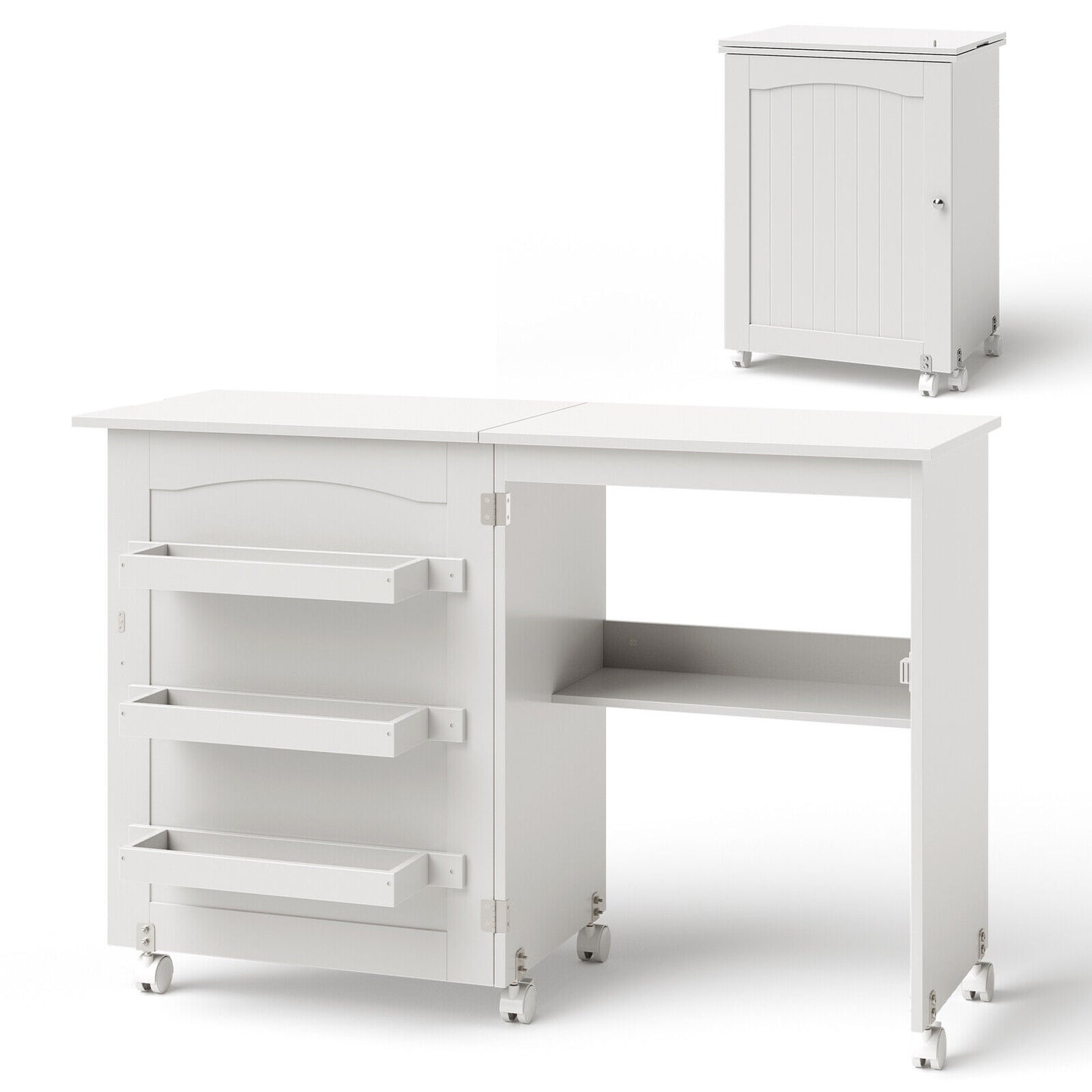 White Folding Sewing Craft Table Shelves Storage Cabinet Home Furniture W/Wheels