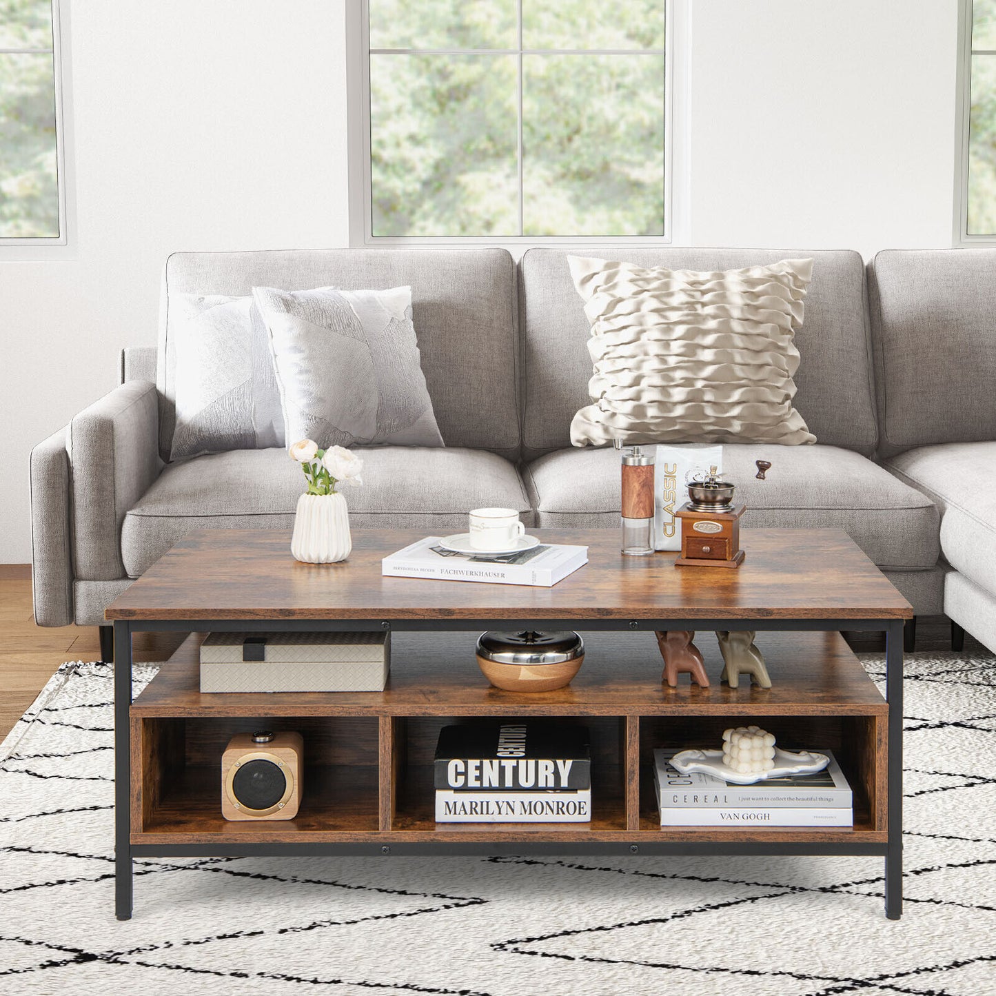 Industrial Coffee Table W/Open Storage Metal Frame Center Table for Living Room