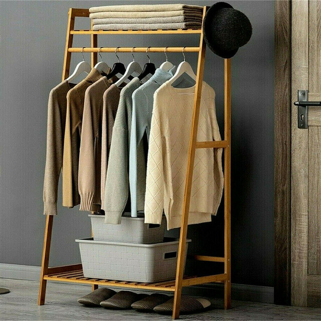 Rail Bamboo Clothes Rack Garment Hanging Stand 3 Tier Storage Shelves Closet