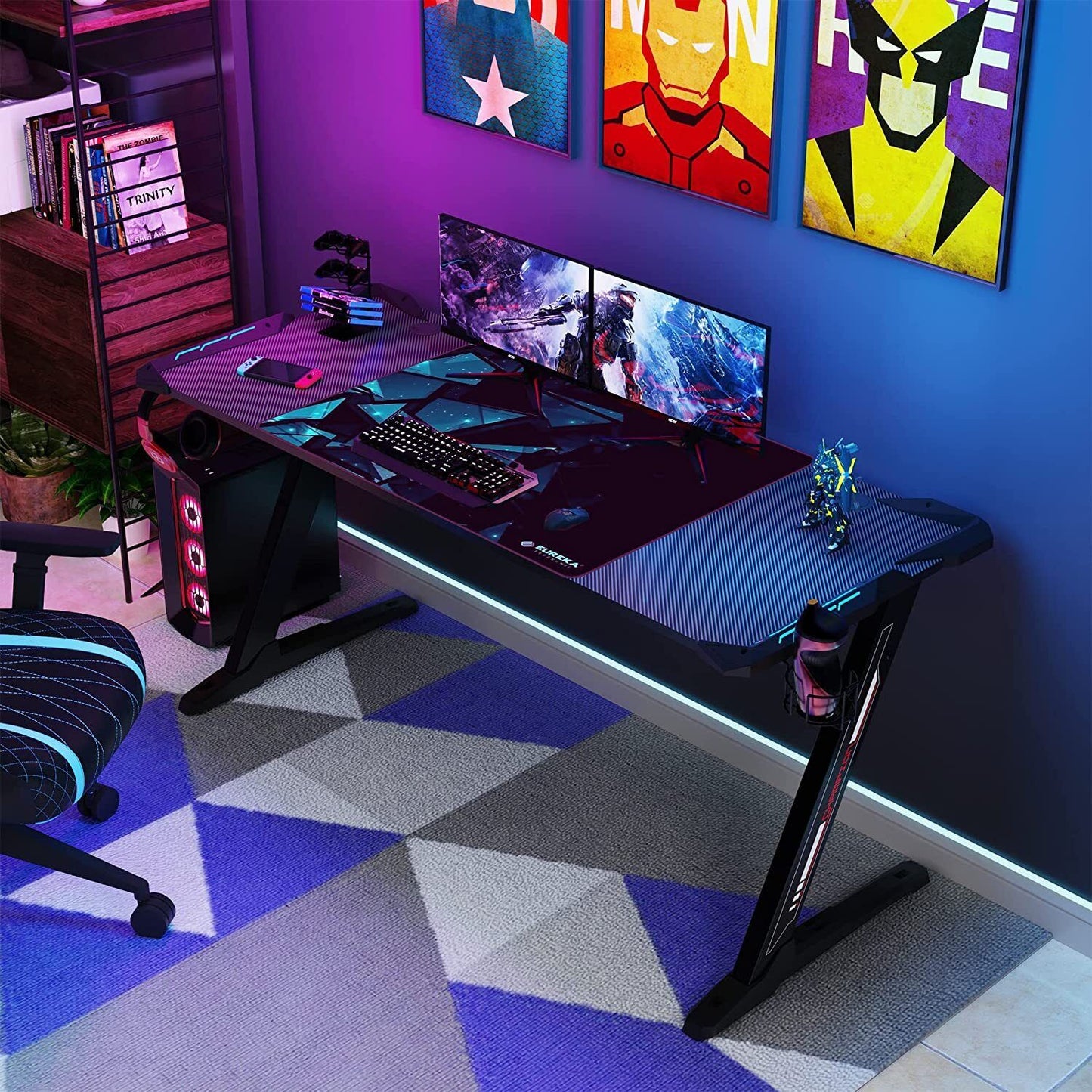 Z-Shaped Computer Gaming Desk w/ RGB LED Lights Home Office Table X-Large 140cm